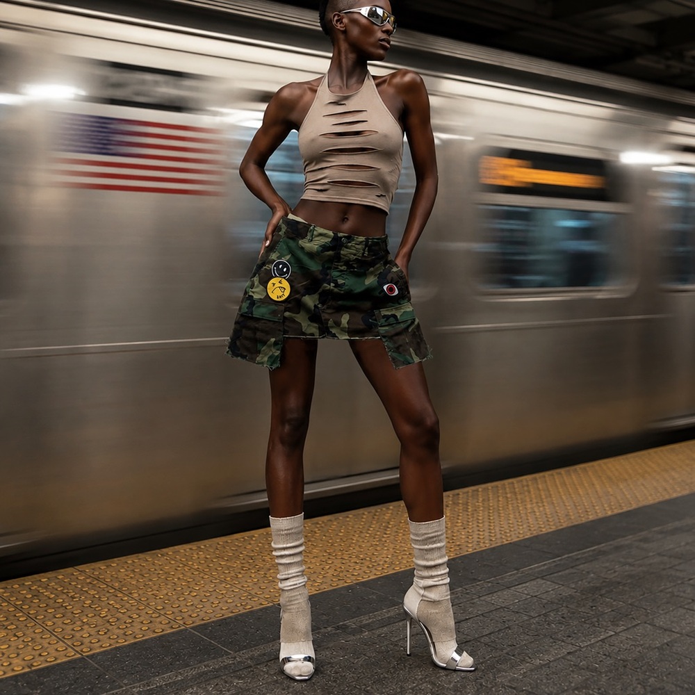 "Kamikaze" Handmade Woodland Camo Cargo Patched Army Skirt, Fits Size S-M, 1of 1